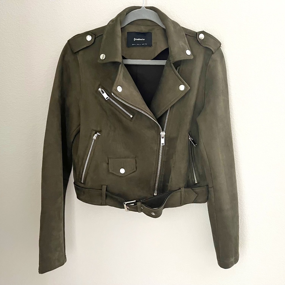 Stradivarius Cute Cropped Motorcycle Jacket - Army Green - Size L